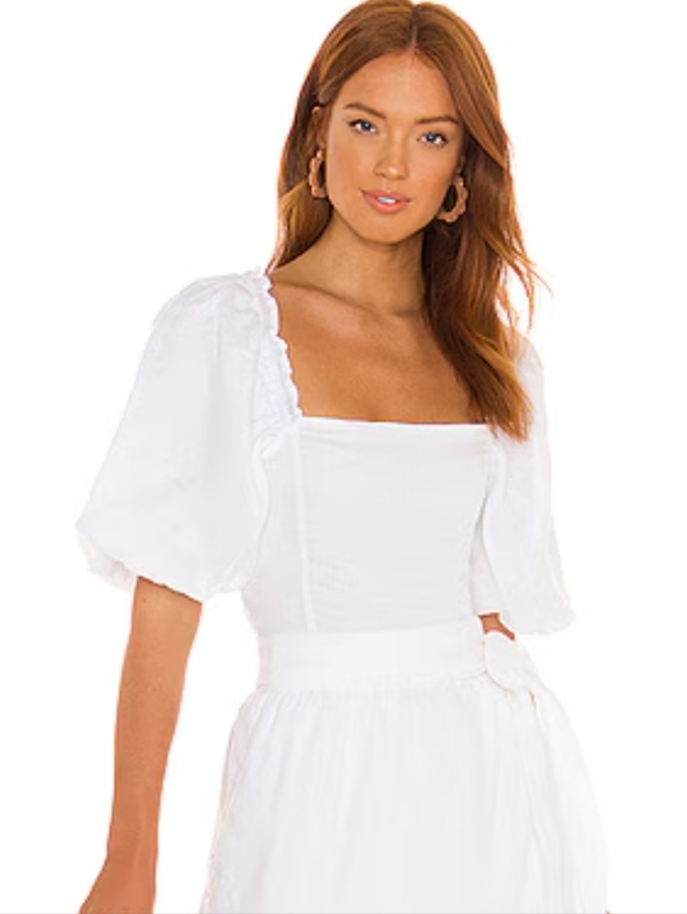 Faithfull the Brand Barnette White Linen Puff-Sleeve Square-Neck Crop Smock Top - Picture 3 of 12